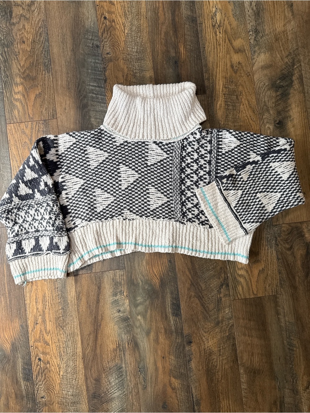 Free People Cropped Turtleneck Sweater in Ivory, Black & Teal Trim